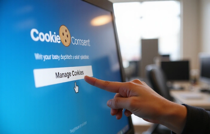 Ilustracja dłoni klikającej na przycisk 'Zarządzaj plikami cookie' na ekranie komputera