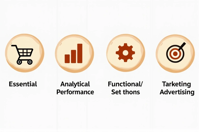 Wizualizacja różnych typów plików cookie, z ikonami symbolizującymi ich funkcje (np. koszyk na zakupy, wykres, cel tarczy)