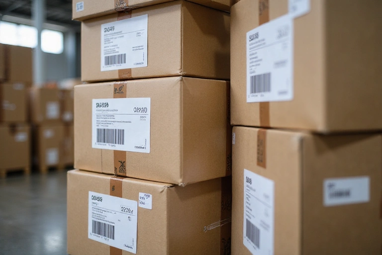 Paczki wysyłkowe z etykietami na tle magazynu