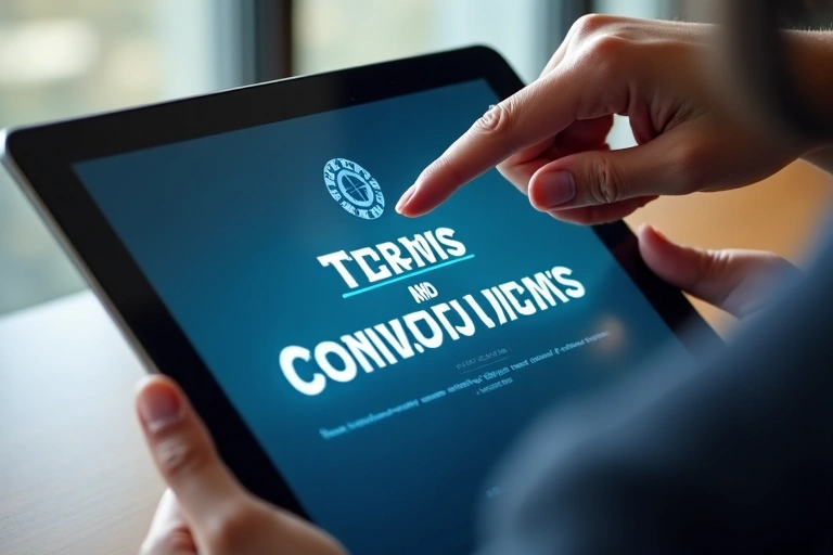 Ręka klikająca ikonę warunków korzystania na ekranie tabletu